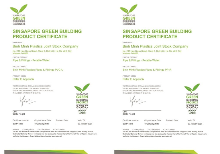 Nhựa Bình Minh đạt chứng nhận Sản phẩm Xanh Singapore (SGBP) ở mức cao nhất – Dẫn đầu (4 Ticks – Leader) cho sản phẩm PVC-U và PP-R