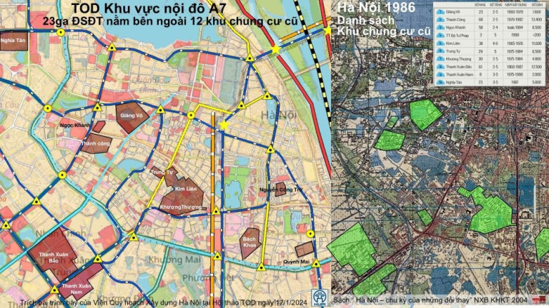 Sơ đồ “TOD Khu vực nội đô A7” và bản đồ Hà Nội năm 1986 có các khu chung cư cũ Nguồn: CitySolution