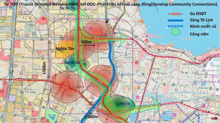 (13) City Solution đề xuất nghiên cứu khu chung cư Nghĩa Tân theo định hướng phát triển kết nối cộng đồng TOC dựa trên công cụ của TOD để kết nối quy mô các dự án. Tăng cường kết nối các khu dân cư kế cận, làng xóm cũ tới các trung tâm đô thị và tính liên thông các không gian cây xanh, mặt nước.