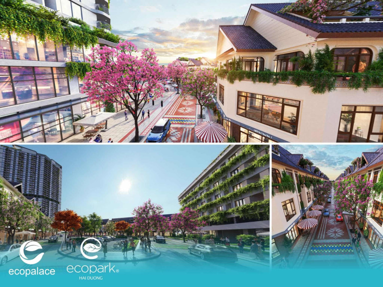 Tổng thể Ecopalace Đắk Lắk nổi bật với đường hoa rực rỡ, cảnh quan xanh mát.
