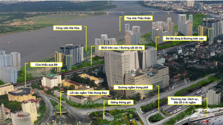 Hình phối cảnh lối vào hầm Trần Hưng Đạo vượt sông Hồng: Lối đường bộ phía trên, đường sắt ngầm bên dưới và các không gian ngầm dịch vụ đa năng (đề xuất của City Solution).