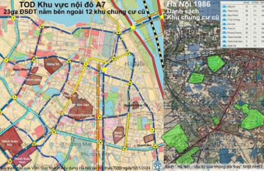 Các tuyến ĐSĐT và các nhà ga đi qua Khu vực nội đô (A7); Bản đồ Hà Nội năm 1986 và vị trí, quy mô của các khu chung cư cũ Nguồn: CitySolution