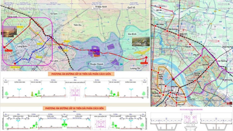 Sơ đồ tuyến ĐS Lào Cai-HN-HP đoạn qua Hà Nội và tuyến ĐS từ sân bay Gia Bình về trung tâm Hà Nội.