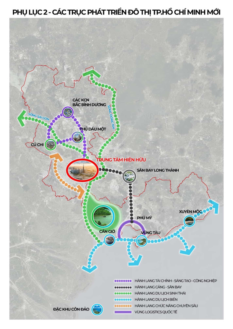 Hình minh các trục không gian phát triển TPHCM sau sáp nhập