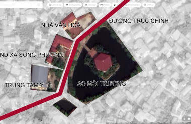 Hình 1 : Hồ Văn Chỉ, một Ao môi trường ở trung tâm thôn Tháp Thượng, nằm trên đảo giữa ao là phòng truyền thống của thôn, trục đường chính của xã đi xuyên qua tổ hợp không gian công cộng cấu thành bởi ao và UBND, Nhà văn hóa, Trung tâm y tế xã Nguồn: Tác giả thực hiện trên nền ảnh Google Maps