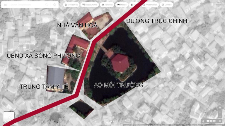 Hình 1 : Hồ Văn Chỉ, một Ao môi trường ở trung tâm thôn Tháp Thượng, nằm trên đảo giữa ao là phòng truyền thống của thôn, trục đường chính của xã đi xuyên qua tổ hợp không gian công cộng cấu thành bởi ao và UBND, Nhà văn hóa, Trung tâm y tế xãNguồn: Tác giả thực hiện trên nền ảnh Google Maps