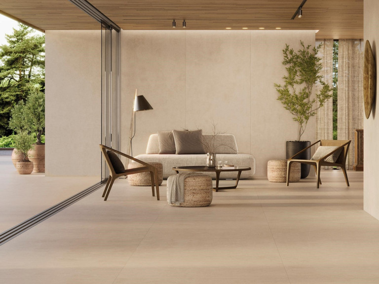 Hình 3: Porcelanosa - thương hiệu hàng đầu đến từ Tây Ban Nha, nổi tiếng với các dòng gạch ốp lát, thiết bị phòng tắm và giải pháp nội thất cao cấp, từng hiện diện tại hơn 100 quốc gia. (Hình phối cảnh sử dụng gạch khổ lớn của Porcelanosa)