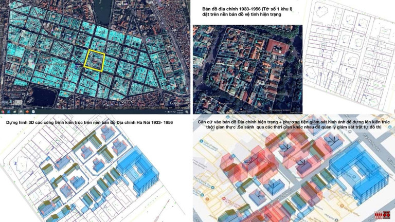 Bản đồ địa chính Hà Nội lập 1933-1956 đặt trên nền bản đồ vệ tinh hiện trạng. Căn cứ bản đồ này vẽ phục nguyên kiến trúc cũ để so sánh với các công trình mới hiện trạng.