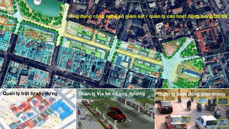 Chồng lớp bản đồ địa chính các thời kỳ để xây dựng hồ sơ địa chính chính tắc. Căn cứ phương án thiết kế đô thị và camera giám sát để quản lý đô thị, môi trường, giao thông tĩnh và động, trật tự an toàn xã hội… với sự hỗ trợ của các thiết bị tự động thu phí, thu phạt.
