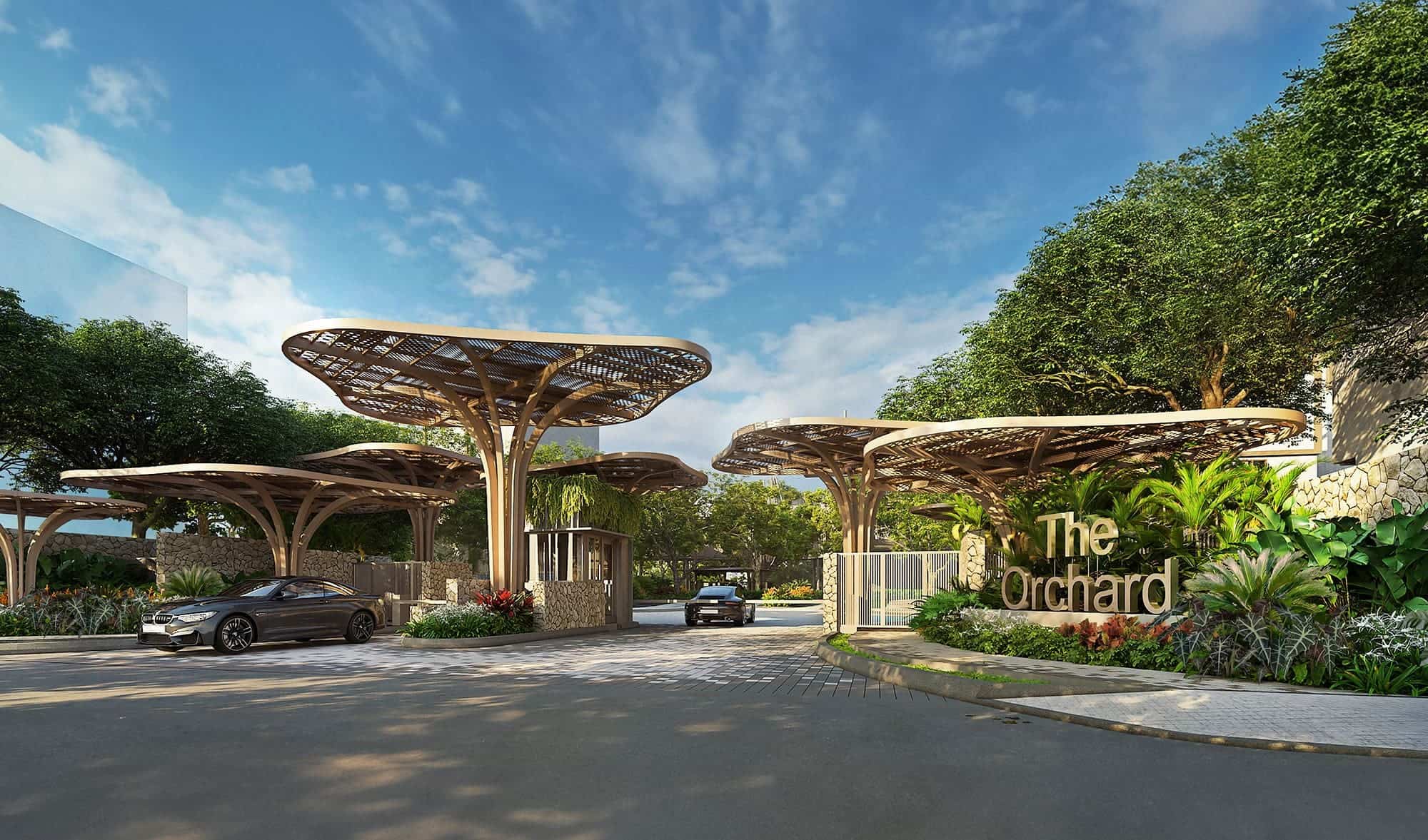 Lấy cảm hứng từ cây sung dâu (Mỹ) tượng trưng cho sự trường tồn và bền vững, cổng chào phân khu The Orchard (thuộc tổng dự án Sycamore), tái hiện hình ảnh tán lá vươn rộng và chở che cho cộng đồng an cư. Ảnh: CapitaLand.