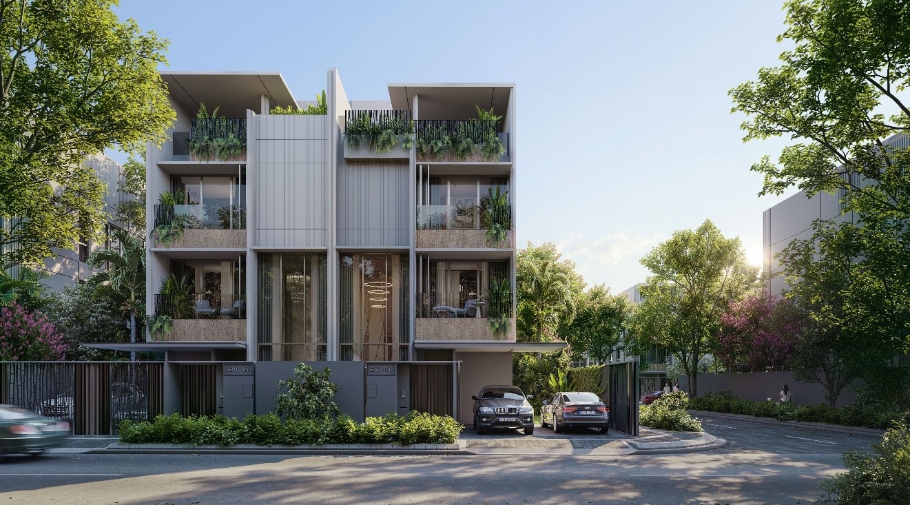 Nghệ thuật kiến trúc “xếp tầng” độc đáo ở mặt ngoài thiết kế của các căn biệt thự The Fullton Edition, tạo cảm giác hình khối và chiều sâu không gian rõ nét. Ảnh: CapitaLand.