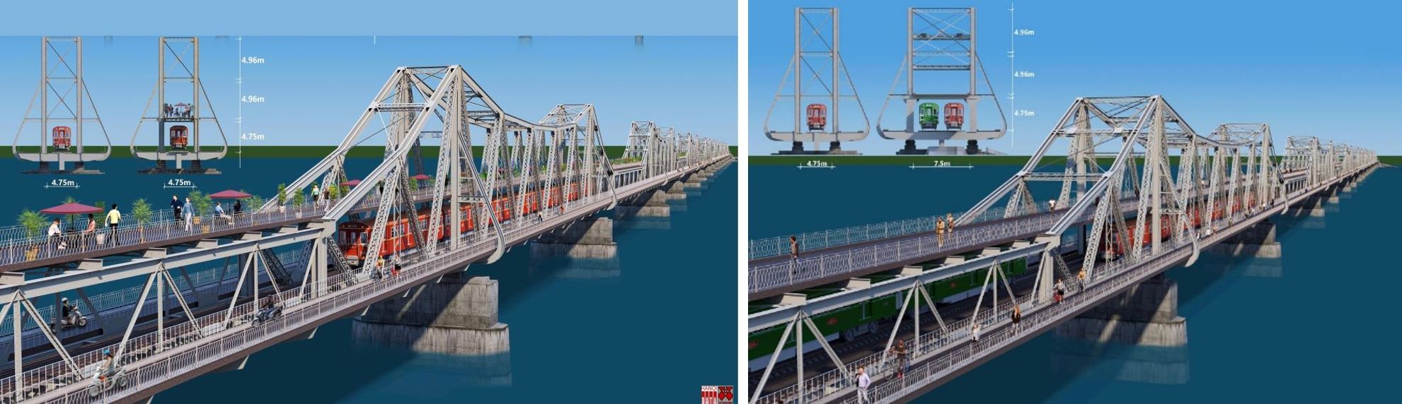Đề xuất 2 phương án cầu Long Biên có bề rộng tương ứng cho 1 & 2 với làn đường sắt và đường đi bộ trên tầng cao.