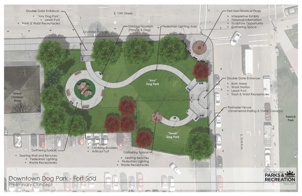 Hình 7. Tổng mặt bằng dự án Công viên chó Kirby, Sioux Falls, Dakota, Mỹ được chính quyền và chủ đầu tư phối hợp thực hiện giữa trung tâm thành phố bằng việc cải tạo một vườn hoa nhỏ (Nguồn: www.argusleader.com)