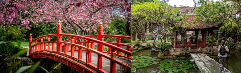 Hình 8: Cầu đỏ (Guzei) tại Vườn Công cộng Oamaru, Nhật Bản (Heritage New Zealand Pouhere Taonga, 2026) và cầu đá tại Việt Phủ Thành Chương tại Sóc Sơn, Hà Nội (Trúc Uyên, 2024). Sự đối lập giữa một bên là sự kỷ luật, rực rỡ (Nhật) và một bên là sự tự nhiên, trầm mặc (Việt).