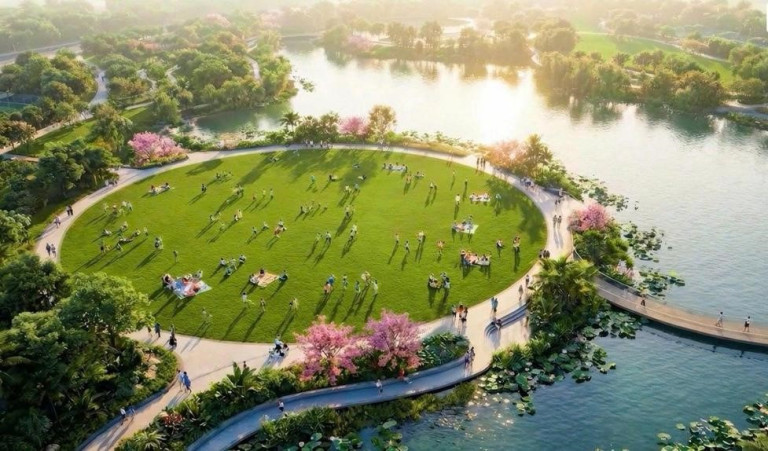 Không gian công viên và mặt nước rộng lớn vừa điều hòa không khí, vừa hỗ trợ tiêu thoát nước mặt tự nhiên trong mùa mưa