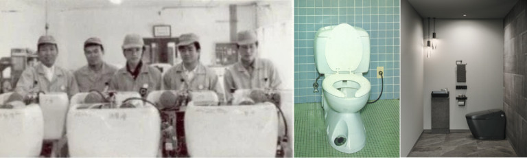 (Từ trái sang phải) Đội ngũ phát triển Shower Toilet giai đoạn đầu; mẫu "Sanitarina 61" ra mắt năm 1967; và mẫu "INAX SATIS X"