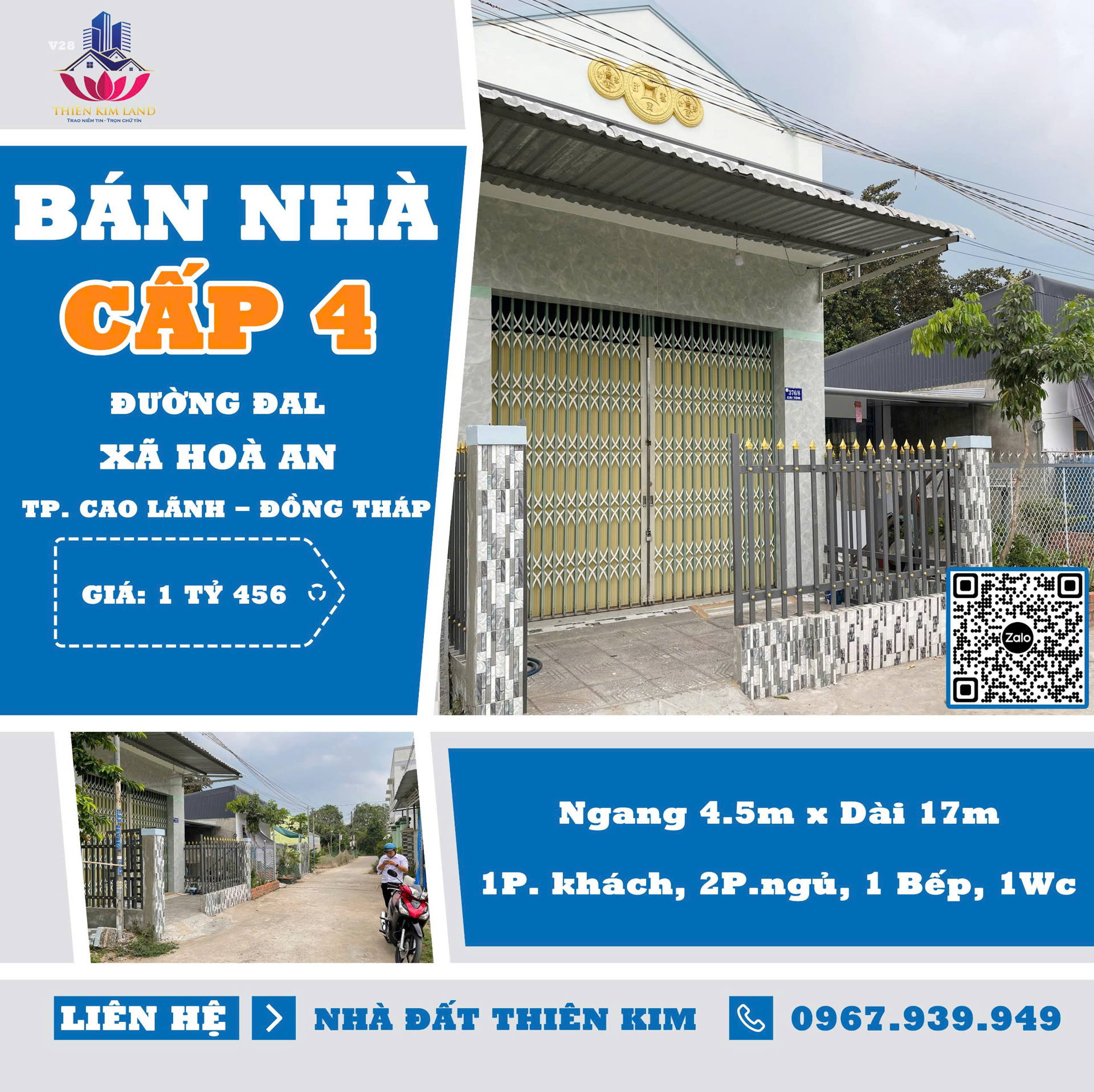 TPCL-01310 BÁN NHÀ CẤP 4 HÒA AN TP CAO LÃNH - ĐỒNG THÁP'; 4.5 x 17.5m; 85.5m2 FULL THỔ; 950TrThiên Kim Land