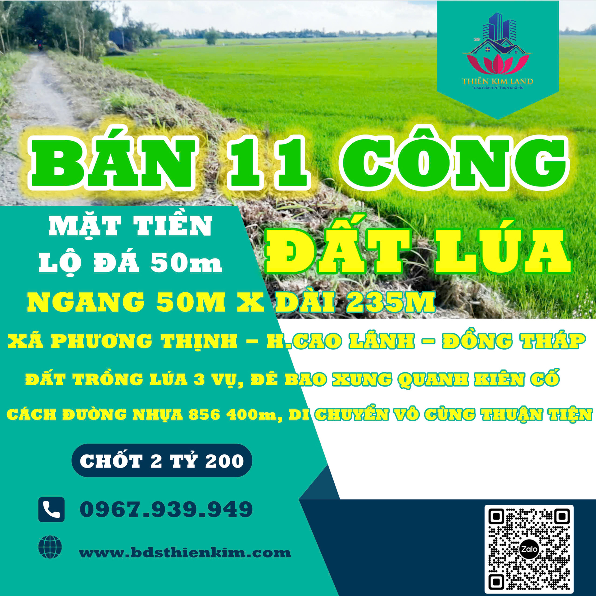 HCL-01316 BÁN 11 CÔNG ĐẤT LÚA GIÁP LỘ ĐÁ 50M PHƯƠNG THỊNH - CAO LÃNH - ĐỒNG THÁP; 175Tr/côngThiên Kim Land