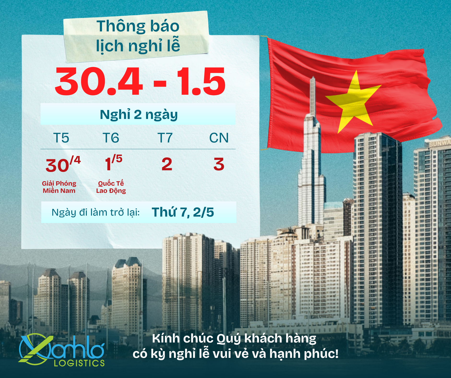 XANHLO NGHỈ LỄ 30/4 - 01/05/2026